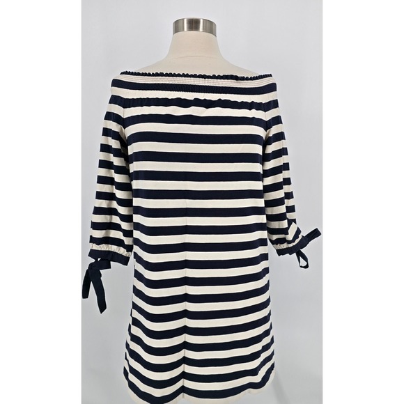 J.CREW Dresses & Skirts - J Crew XS Stripe Knit Mini Dress Off Shoulder 3/4 Sleeve Bow Cuff 100% Cotton